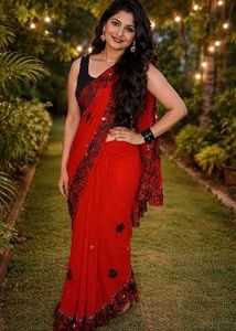 Red Embroidered Party Wear Saree