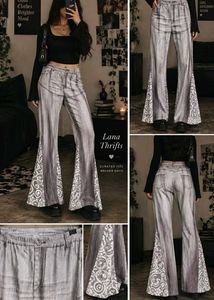 7229. Grey Flare Pants with Lace Inserts