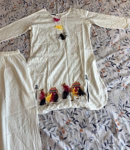 White Kurta Set with Camel Embroidery