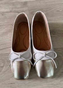 Golden White Bow Ballerinas