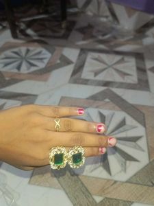 Emerald &amp; Crystal Stud Earrings &amp; Rings Set