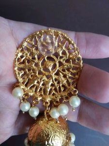 Gold Tone Jhumka Earrings with Pearl Detailing