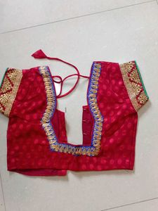 Blue &amp; Red Embroidered Silk Saree