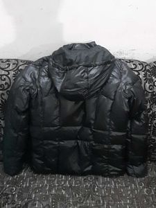 Black Puffer Jacket with Red Accents