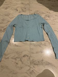 Light Blue Ribbed Button-Up Top