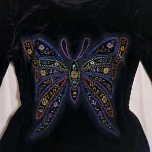 Y2k Vintage 2000s Velvet Butterfly Long Sleeve Top