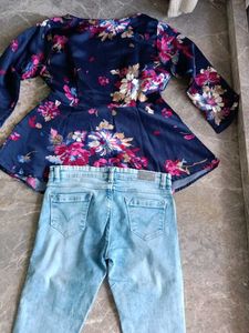 Chic Floral Peplum Top &amp; Jeans Set