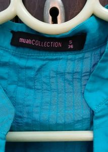 Turquoise Kurta with Pleated Neckline - S Size