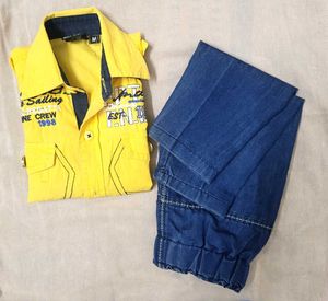 Not Out Baby Boy Shirt &amp; Soft Denim Jeans Set |