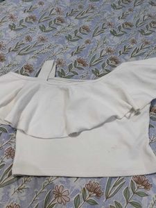 White One Shoulder Ruffle Crop Top