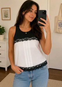 Women's Black & White Lace Trim Tank Top