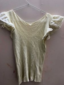 Light Yellow Ribbed Flutter Sleeve Top