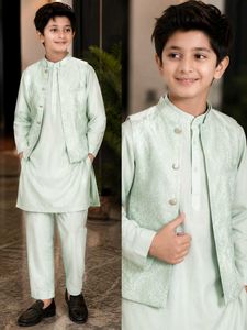 Boys Mint Green Kurta Set with Waistcoat
