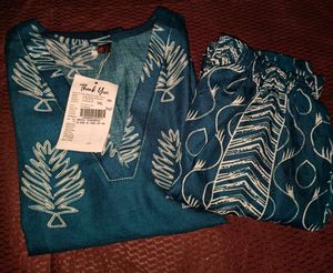 New Teal Leaf Print Kurta Set