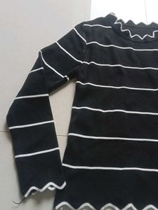 Striped Long Sleeve Top with Ruffle Neck
