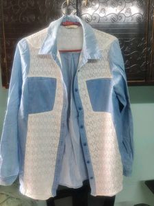 Denim & Lace Button-Down Shirt