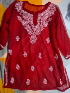 Red Chikankari Short Kurta