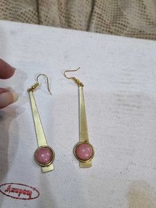 Gold Tone Drop Earrings with Pink Stones