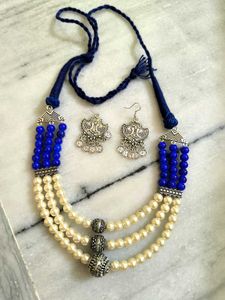 Blue &amp; Pearl Multi-Layer Necklace Set