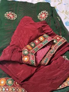 Embroidered Green pure Chiffon Saree