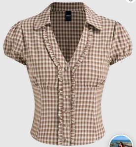 Cute Gingham Ruffled Button-Up Top
