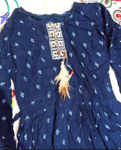 Bohemian Navy Blue Embroidered Kurta with Feather