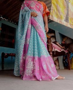 Beautiful Blue &amp; Pink Saree with Embellishments