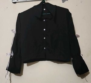 Chic Black Bell Sleeve Top with Ribbon Tie