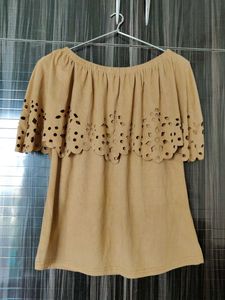 Tan Off-Shoulder Perforated Top