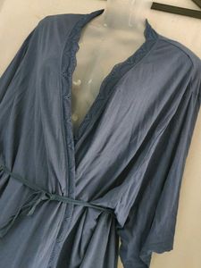 Blue Kimono Robe with Lace Trim