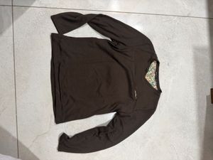 Brown Long Sleeve V-Neck Top