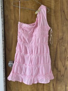 Cute Pink One-Shoulder Tiered Mini Dress