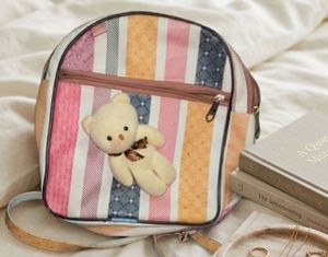 🧸 Striped Backpack with Teddy Bear Charm 🧸