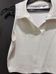 Ribbed Collared Sleeveless Crop Top