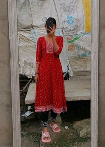 Red Printed Anarkali Kurta set and one dupatta any