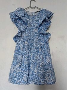 Zara Blue Floral Ruffle Sleeve Dress