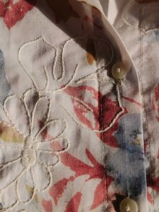 White Embroidered Floral Print Button-Up Shirt