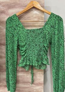 Green Floral Ruched Crop Top