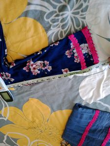 Navy Floral Kurta Set with Pink Trim
