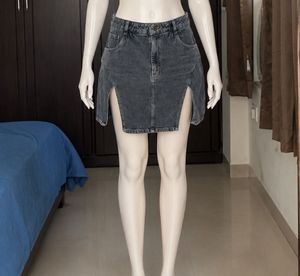 Grey Denim Skirt with Slits