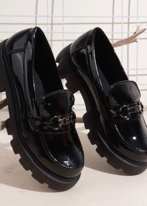 Chic Black Patent Loafers with Chain Detail