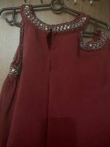 Maroon Beaded Cold Shoulder Blouse