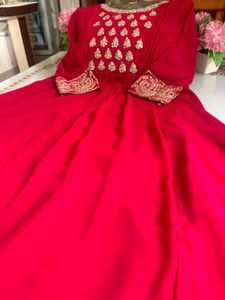 Elegant Red Embroidered Single Gown