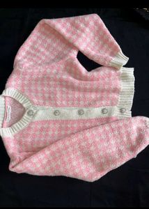 Pink Houndstooth Knit Cardigan