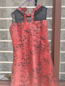 Elegant rust Brocade Dress with Embellished Neckli