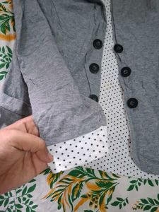 Gray Double-Breasted Blazer with Polka Dot Accents