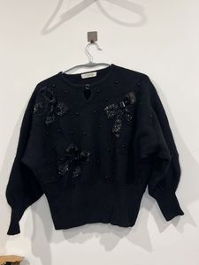 Vintage Black Beaded Bow Sweater