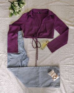 zara Chic Purple Checkered Crop Top