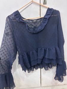 Navy Blue Ruffle Sheer Blouse