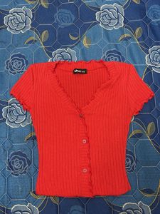Chic Red Ribbed Button-Up Crop Top